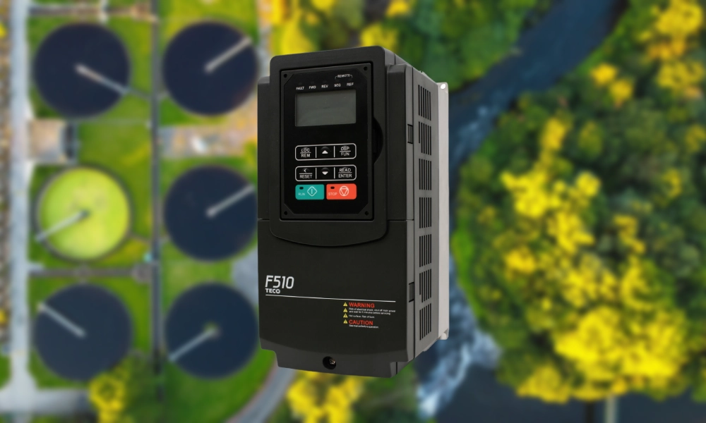 TECO F510 variable speed drive in front of a water treatment plant