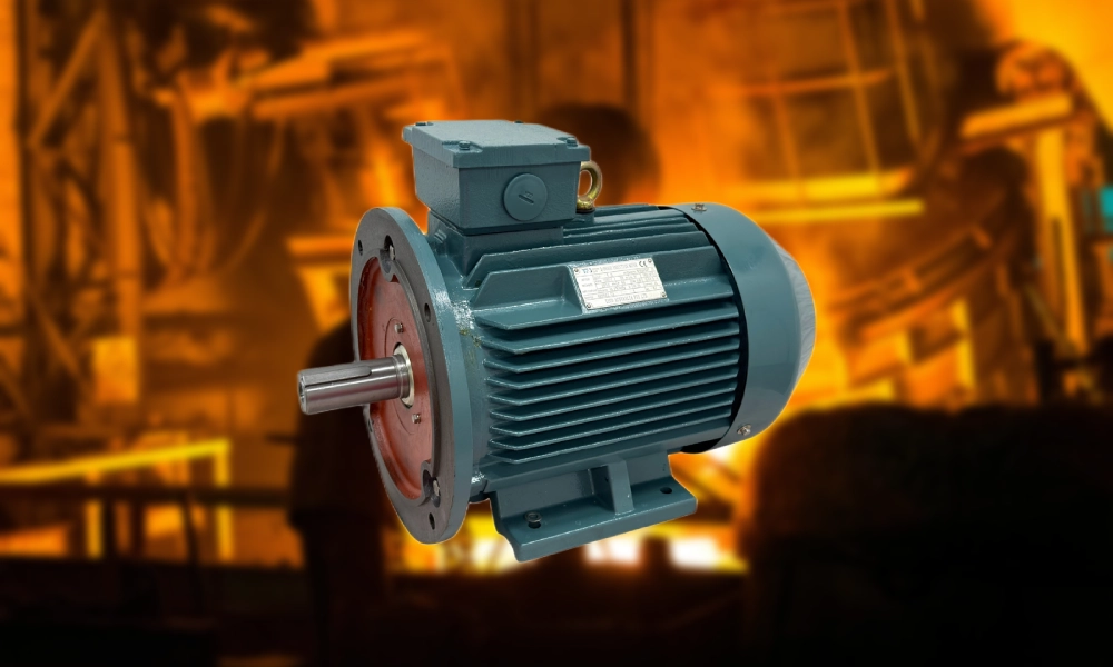 TECO Te3 cast iron three phase electric motor in front of a foundry